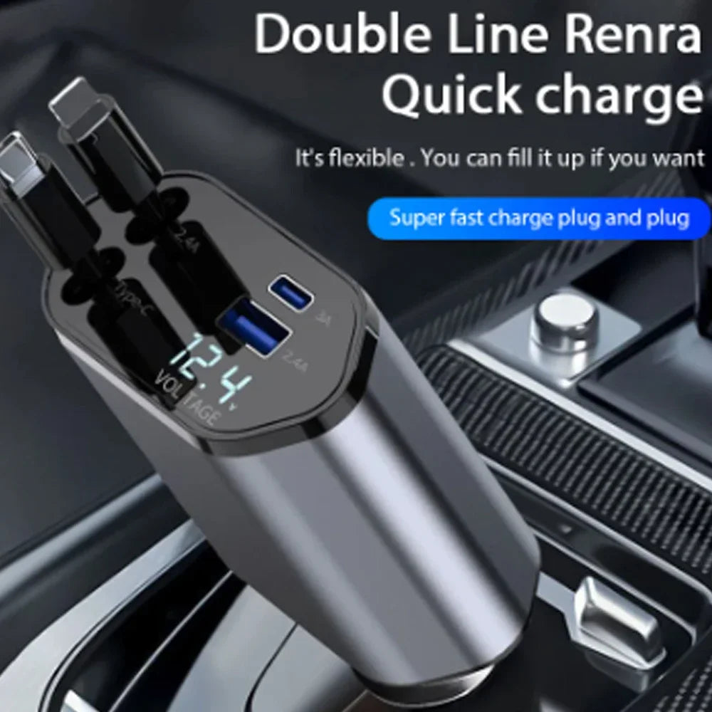 120W Retractable Fast Car Charger with 4-in-1 Charging Ports