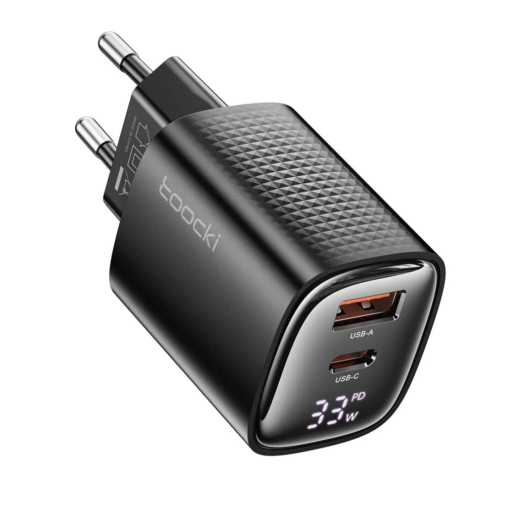33W GaN Digital Display Fast Charger - USB-C & USB-A Dual Port Power Adapter