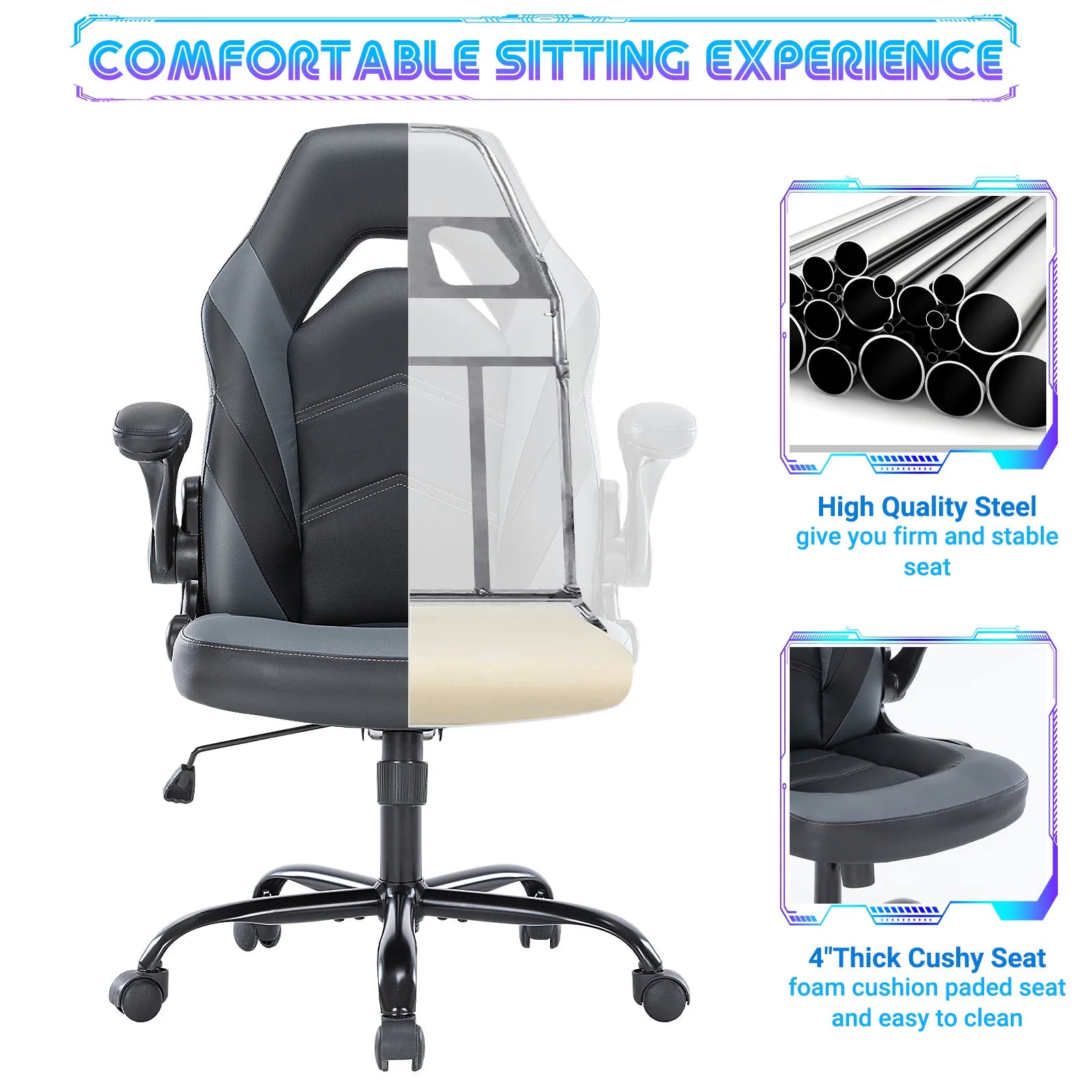 Ergonomic Racing Gaming Chair - Adjustable Height & Flip-Up Armrest Desk Chair - 5