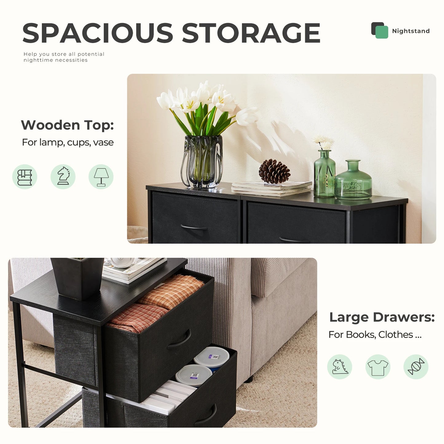 Modern 2-Drawer Nightstand with Sturdy Metal Frame & Wooden Top