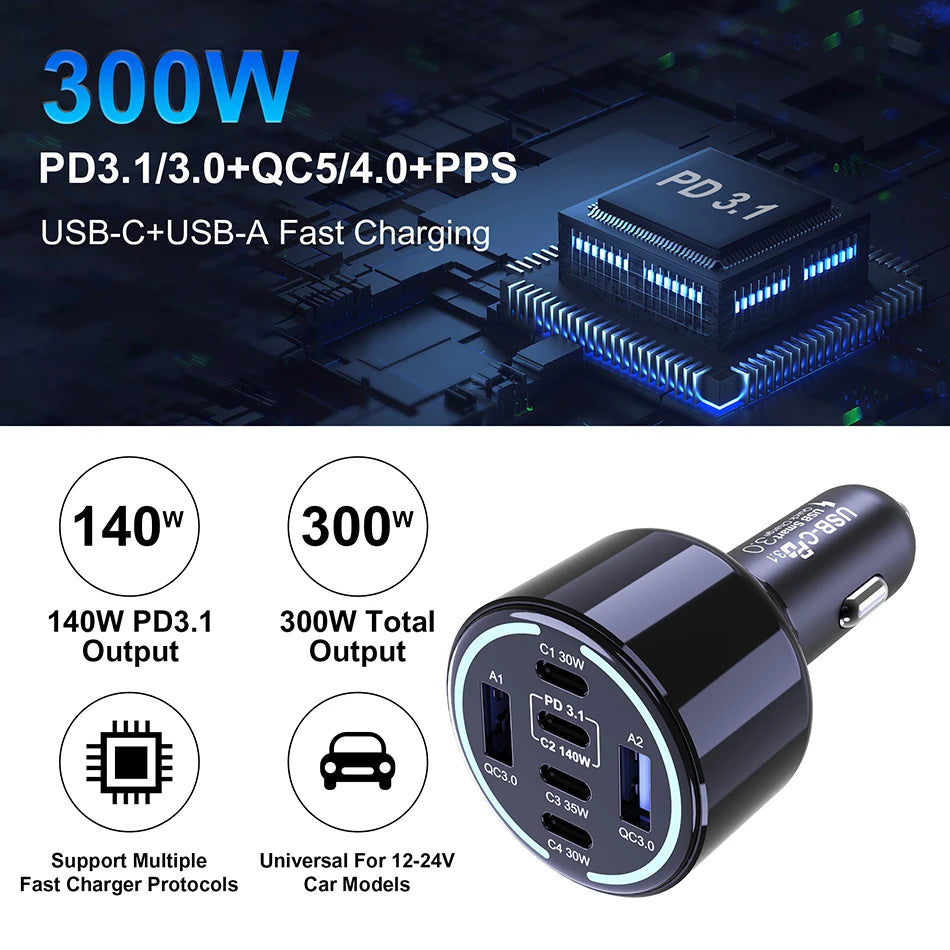 240W 4-Port USB-C Car Charger - PD 3.1 Super Fast Charging Adapter - 25