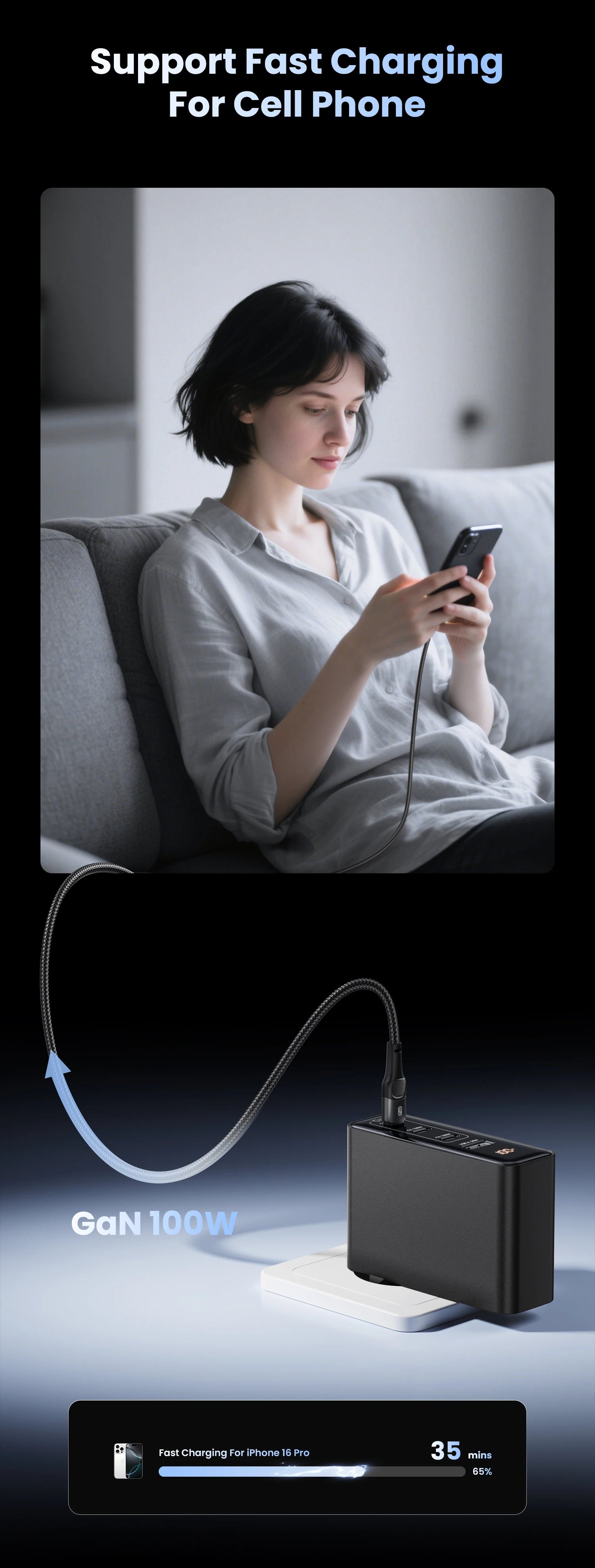 100W GaN 4-Port Fast USB-C Charger - PD 3.0 Laptop & Phone Power Adapter - 13