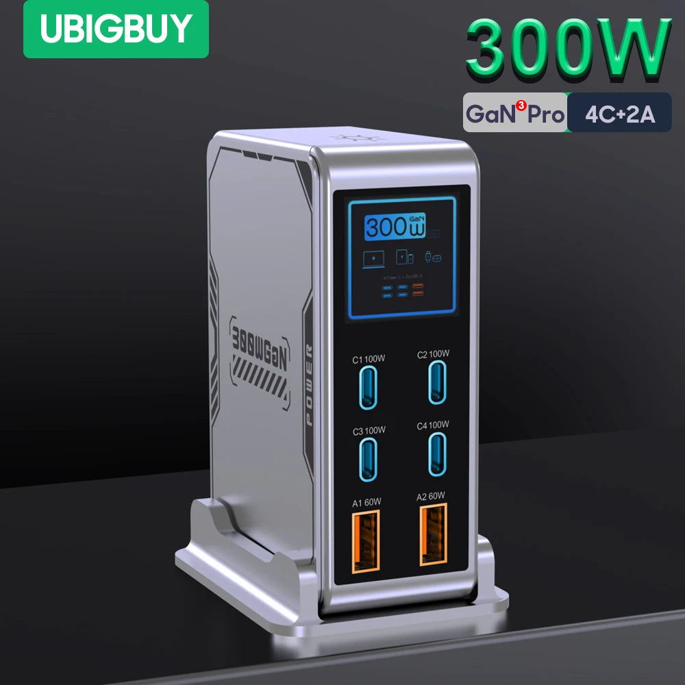 300W GaN 6-Port Desktop Fast Charger Station with Digital Display - 1