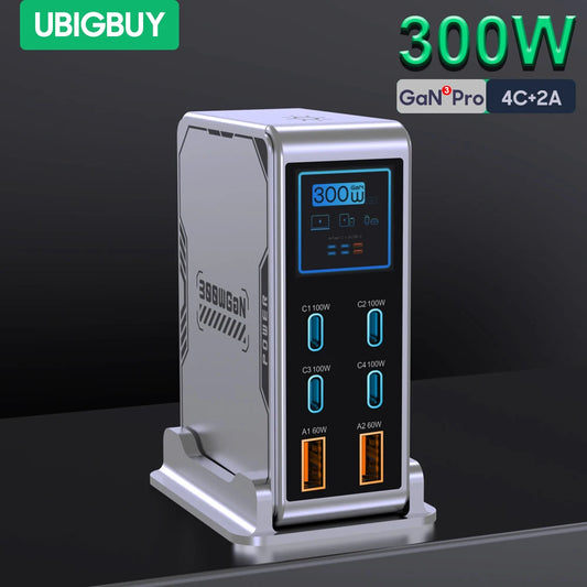 300W GaN 6-Port Desktop Fast Charger Station with Digital Display