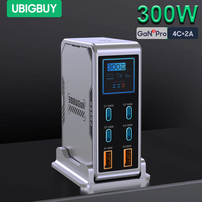 300W GaN 6-Port Fast Charging Station with Digital Display for All Devices
