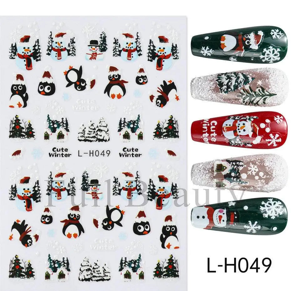 3D Christmas Nail Art Stickers - Festive Snowman & Snowflake Manicure Decals - 43