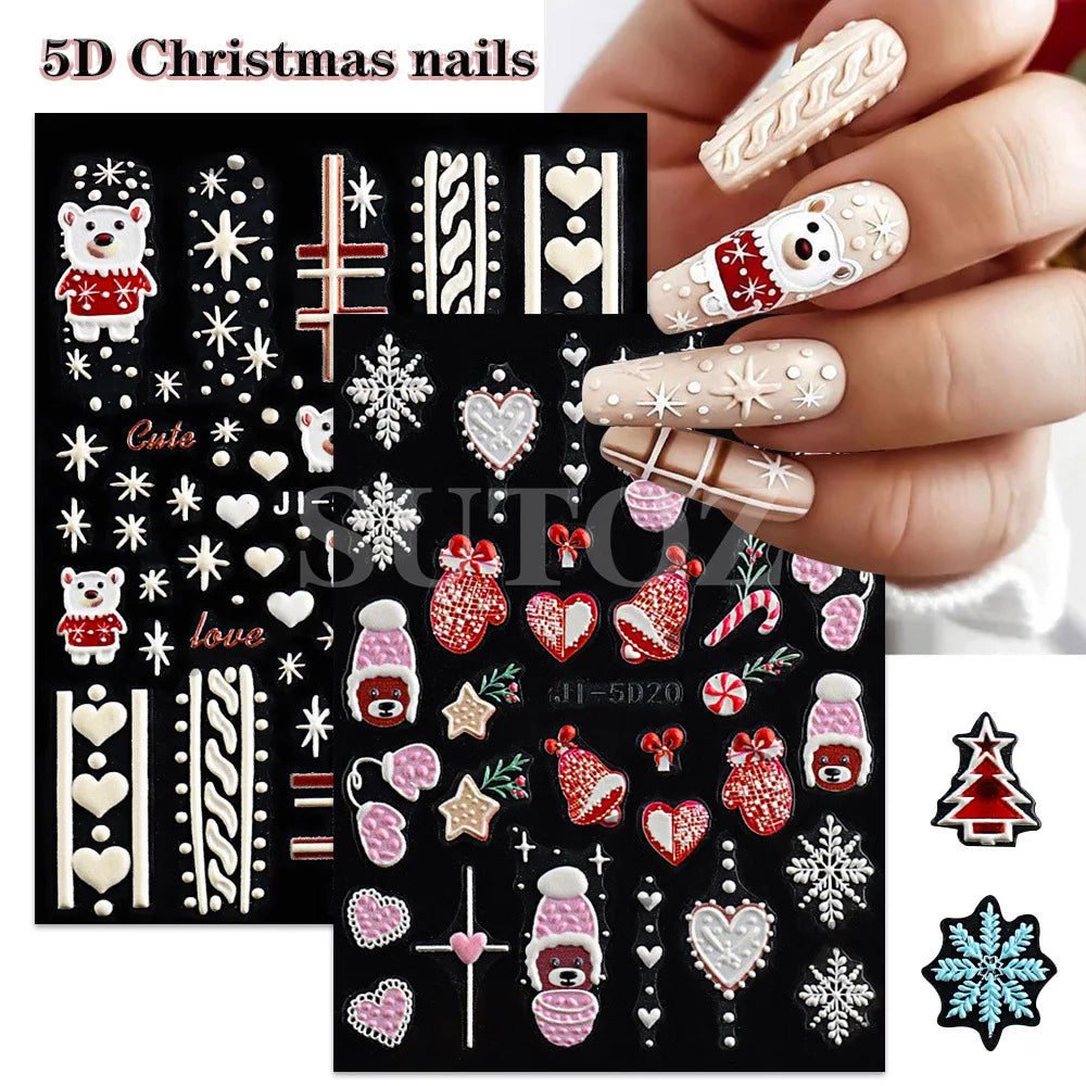5D Embossed Christmas Nail Art Stickers - Winter Holiday Snowflake & Santa Decals