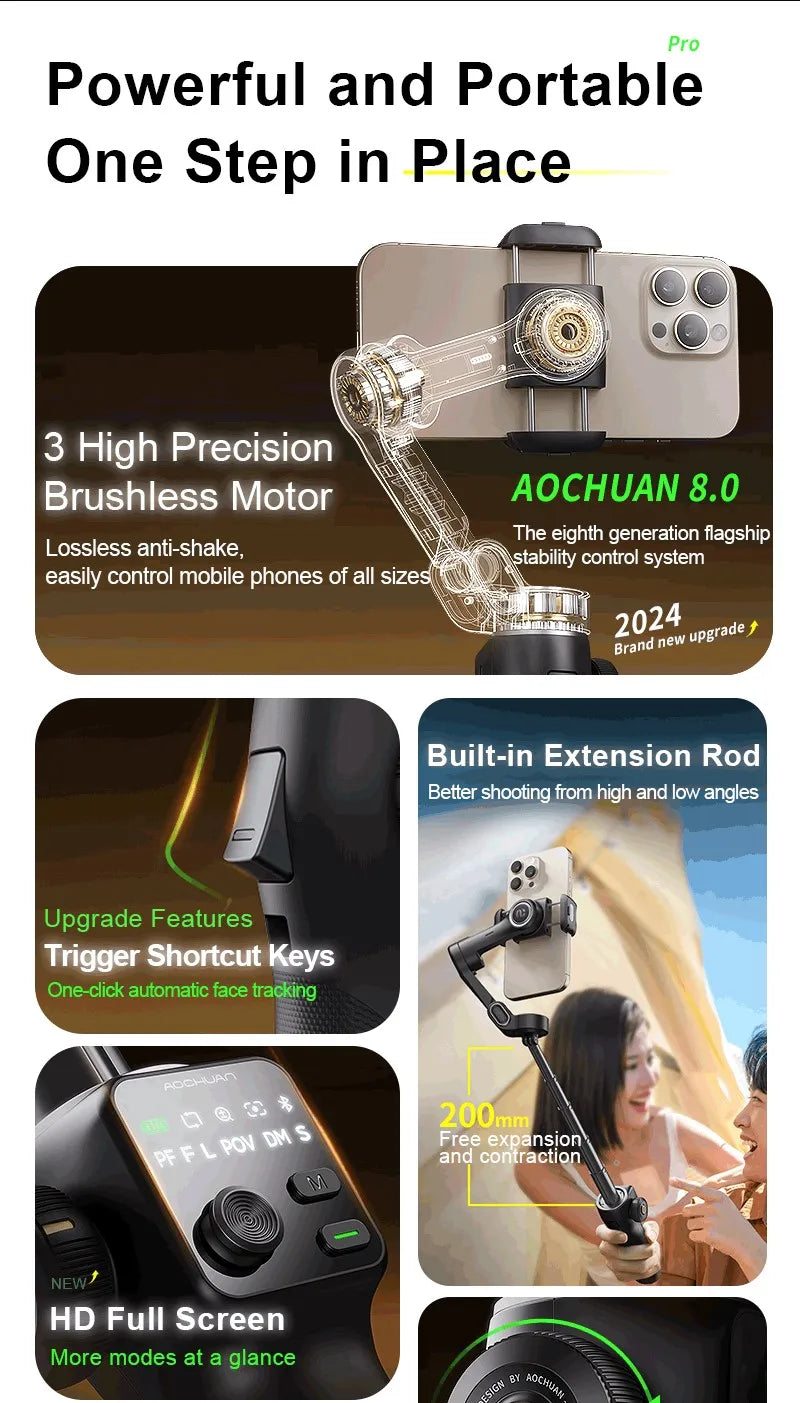 3-Axis Phone Gimbal Stabilizer with Tripod, Extension Rod & Face Tracking