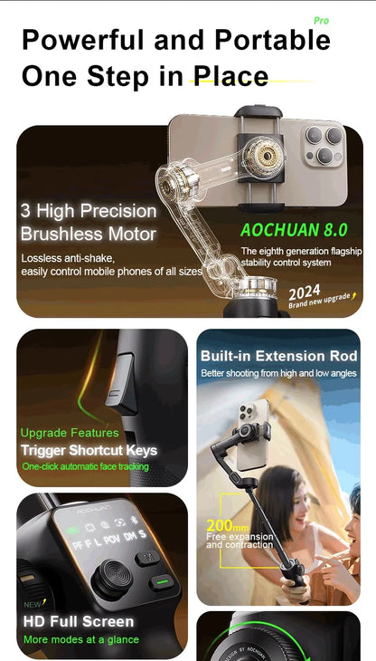 3-Axis Phone Gimbal Stabilizer with Tripod, Extension Rod & Face Tracking