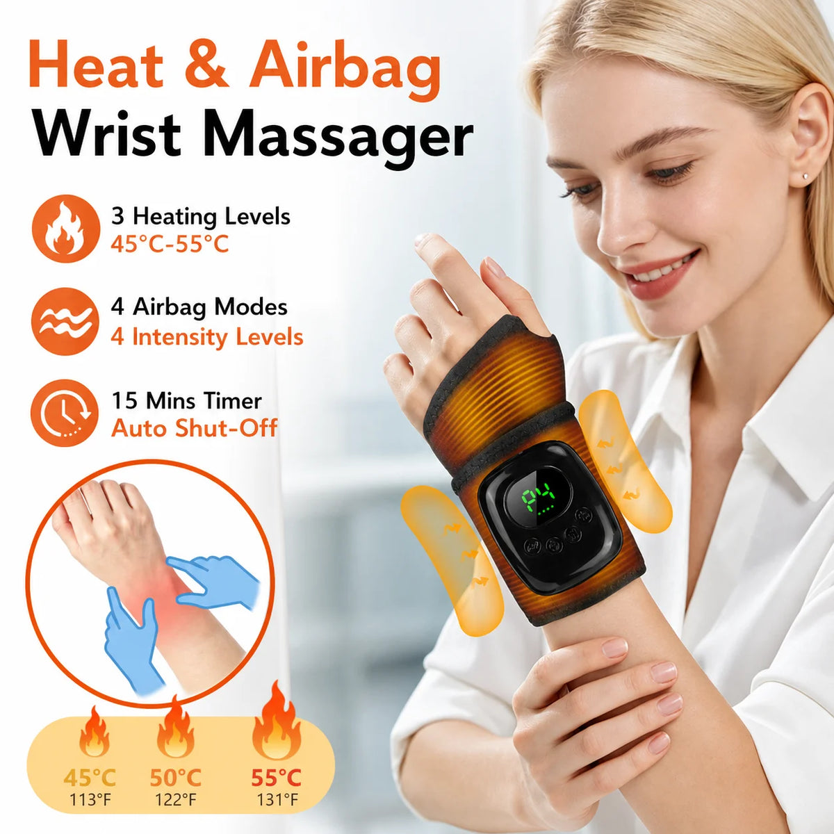 Cordless Air Compression Wrist Massager with Heat Therapy for Pain Relief