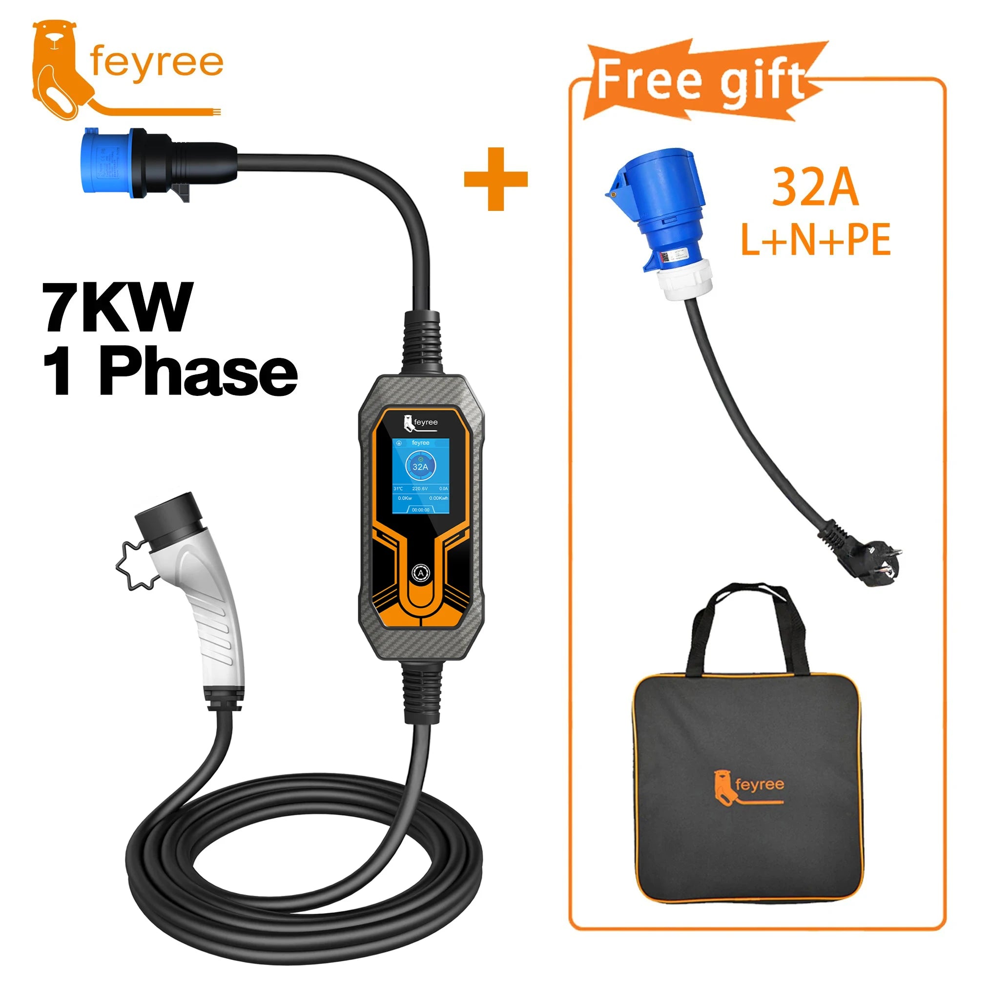 7KW Portable EV Charger Type 2, Adjustable 32A Electric Car Charging Cable - 22