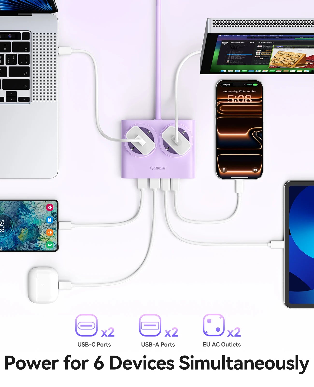 ORICO 25W GaN Desktop Power Strip - 2 AC Outlets & 4 USB Fast Charging