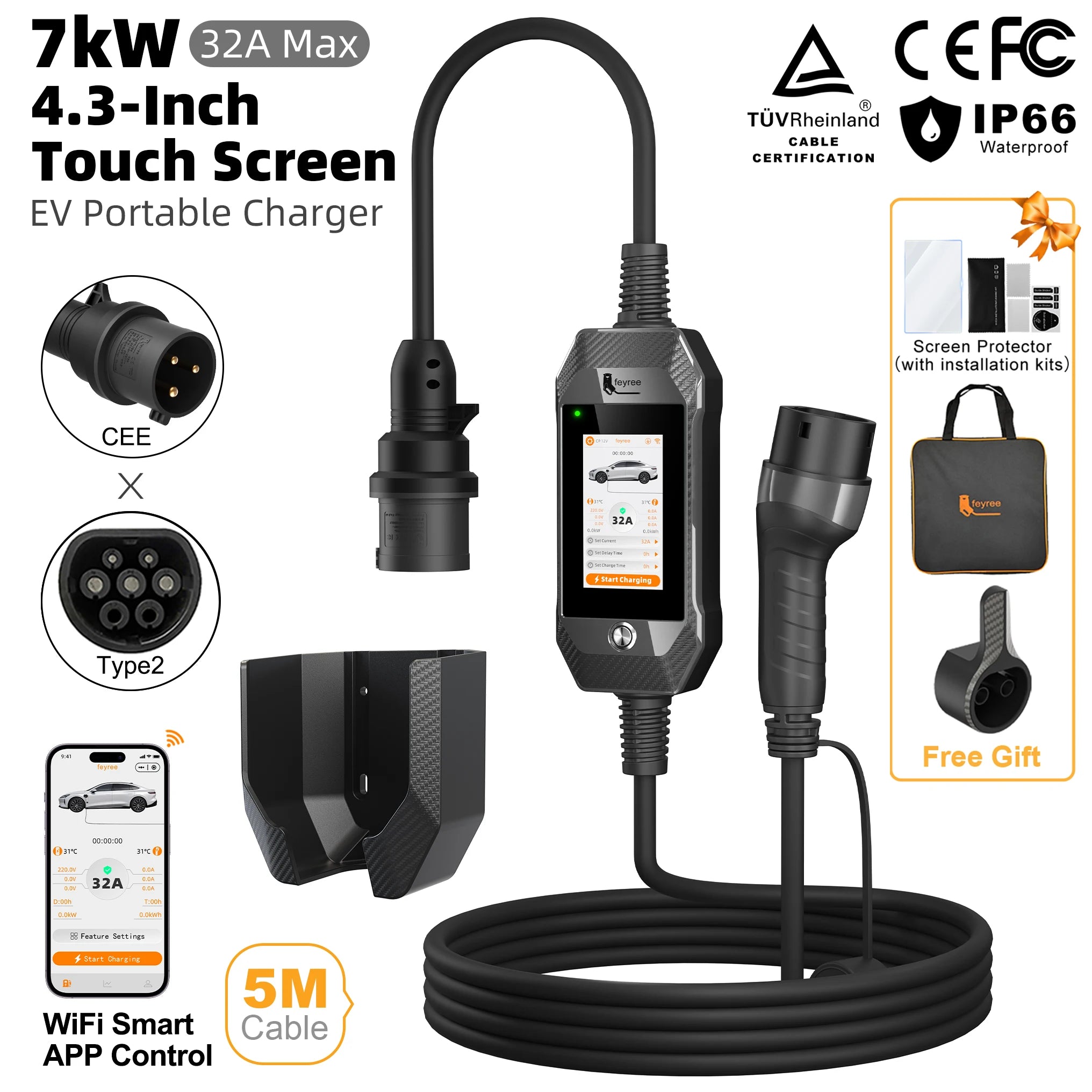 Portable 7kW EV Charger with 4.3" Touchscreen & Smart WiFi App Control - 33