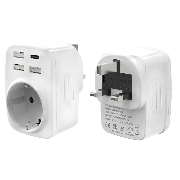 UK Travel Adapter Type G Plug with 3 USB-A & 1 USB-C Ports 5-in-1 Charger - 10