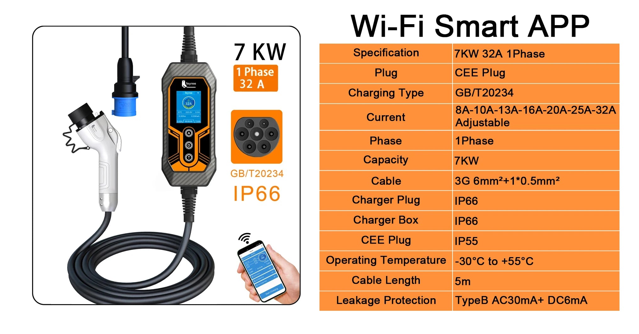 7KW WiFi EV Charger - Smart App Controlled GB/T Portable Charging Cable - 6