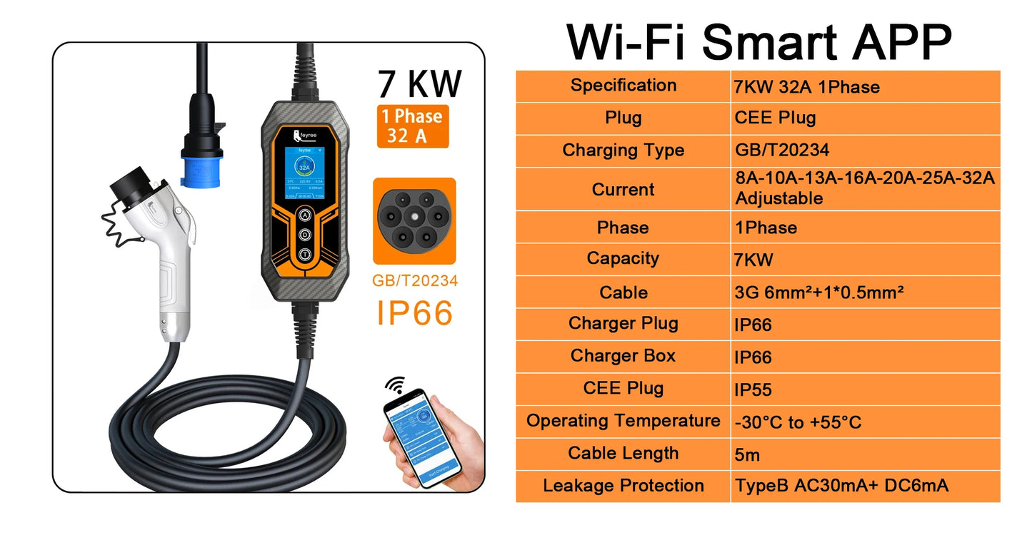 7KW WiFi EV Charger - Smart App Controlled GB/T Portable Charging Cable