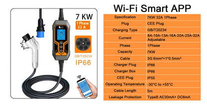 Smart Portable EV Charger - 11KW/7KW Adjustable WiFi App Control