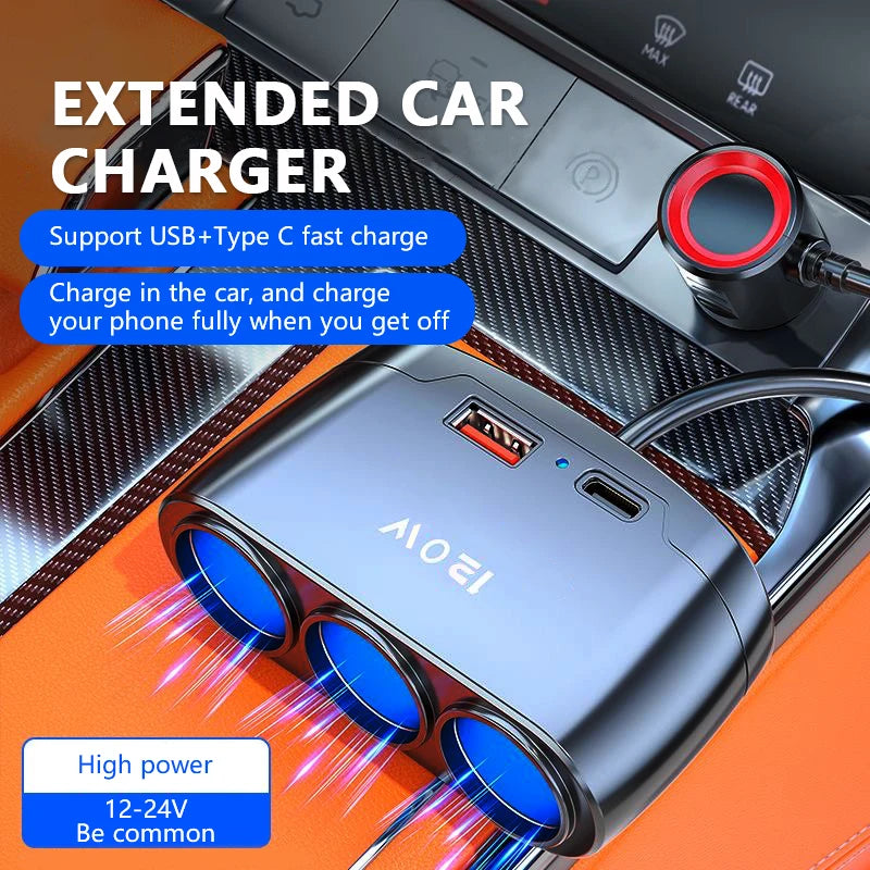 120W 3-Way Car Cigarette Lighter Splitter with USB & PD Fast Charging - 1