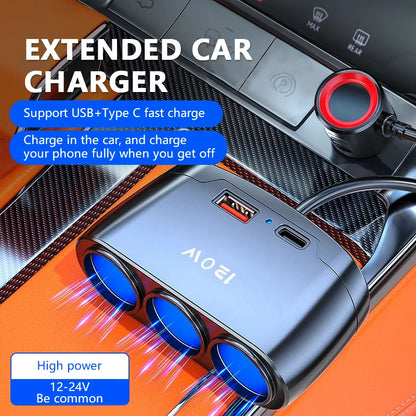120W 3-Way Car Cigarette Lighter Splitter with USB & PD Fast Charging
