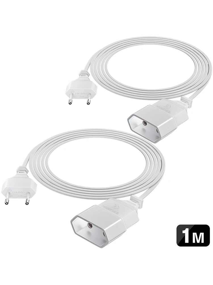 2pcs 1m Euro Plug Power Extension Cable - High-Quality 2.5A/250V Cord - 1
