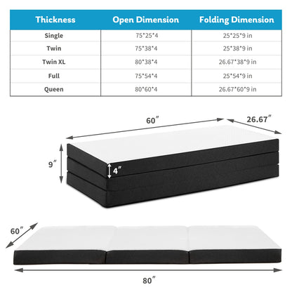 Portable Tri-Fold Memory Foam Mattress - Foldable Floor Bed for Guest & Travel