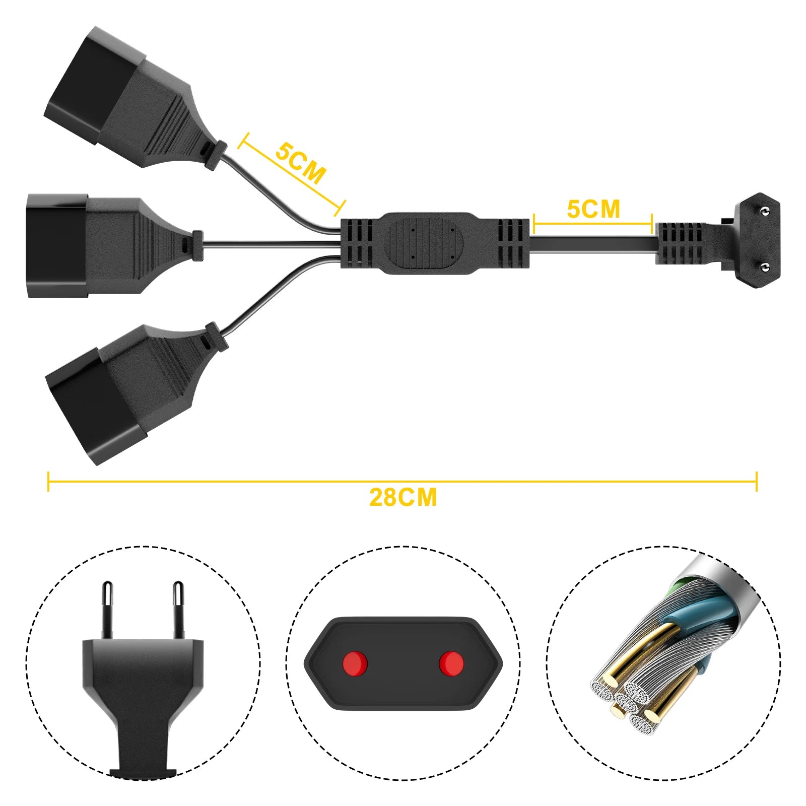 EU 3-Way Power Extension Cord - 90-Degree Flat Plug for Home & Travel - 3