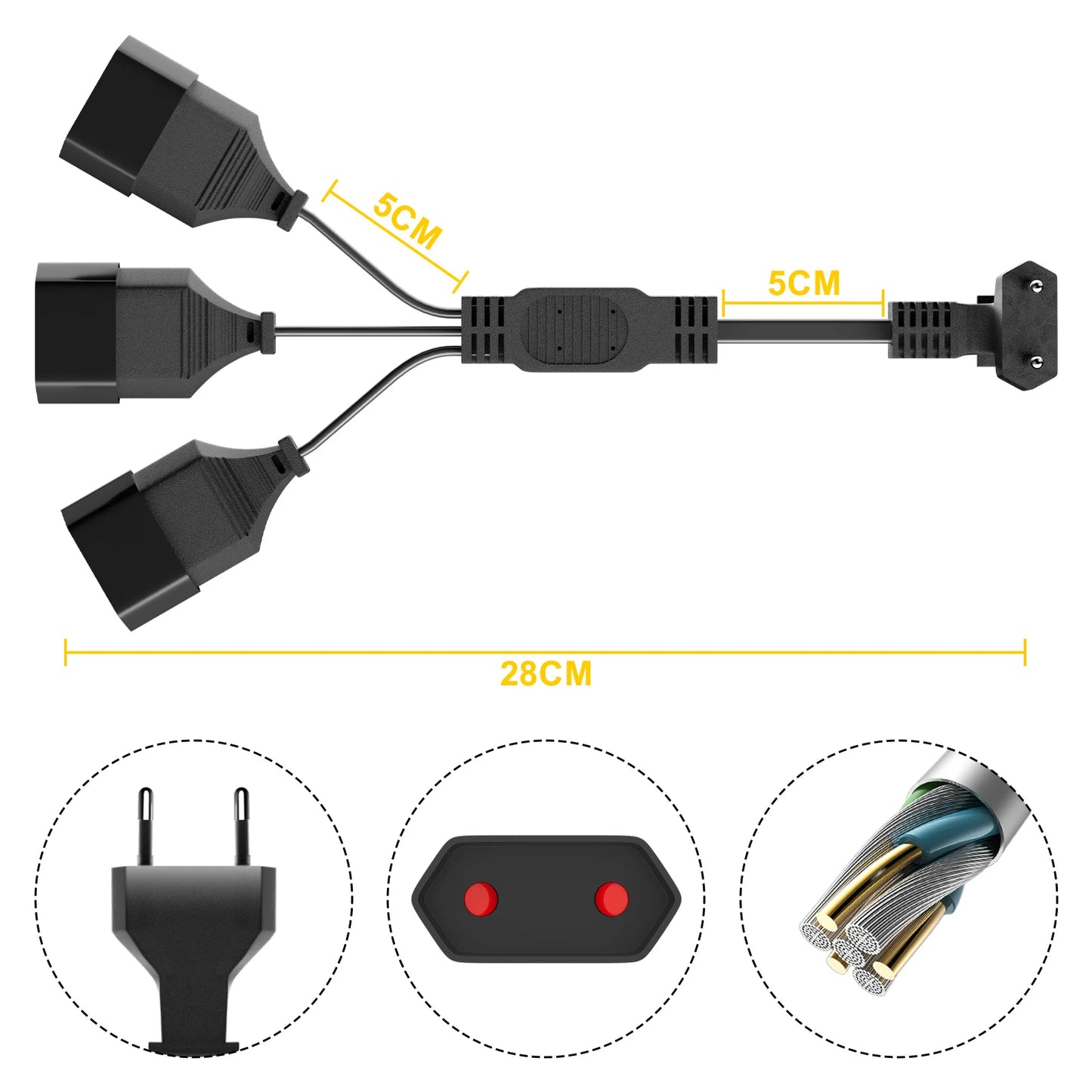 EU 3-Way Power Extension Cord - 90-Degree Flat Plug for Home & Travel