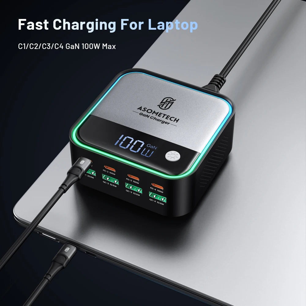 100W GaN 8-Port Desktop USB Charger with LED Digital Display & Lighting - 2