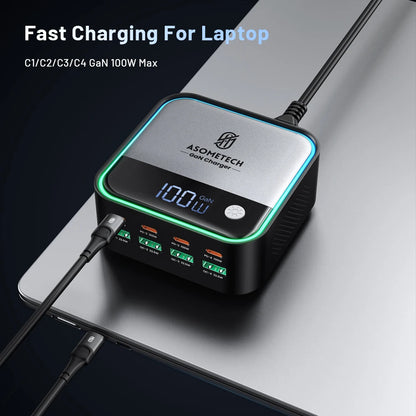 100W GaN 8-Port Desktop USB Charger with LED Digital Display & Lighting