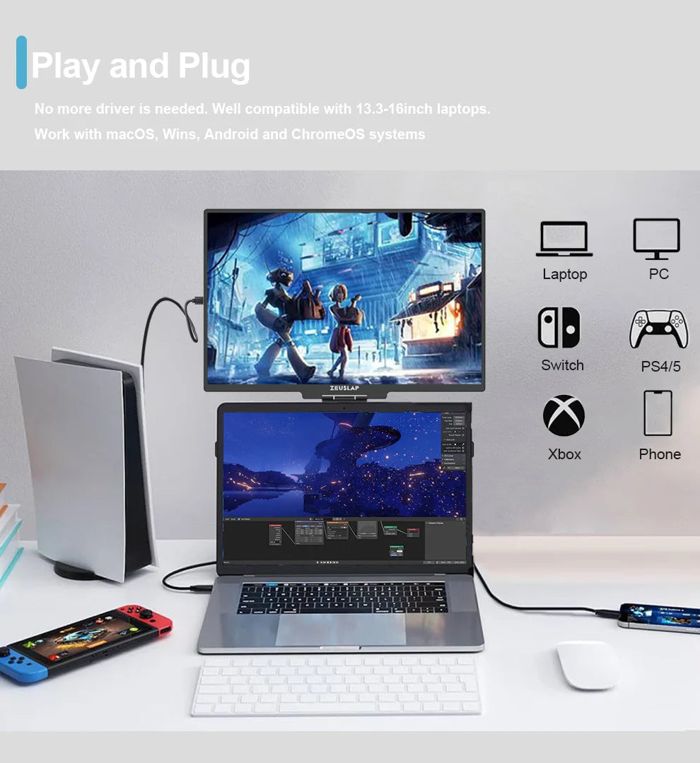 16" QHD Stackable Portable Monitor - Dual Screen Laptop Display 2560x1600 - 15