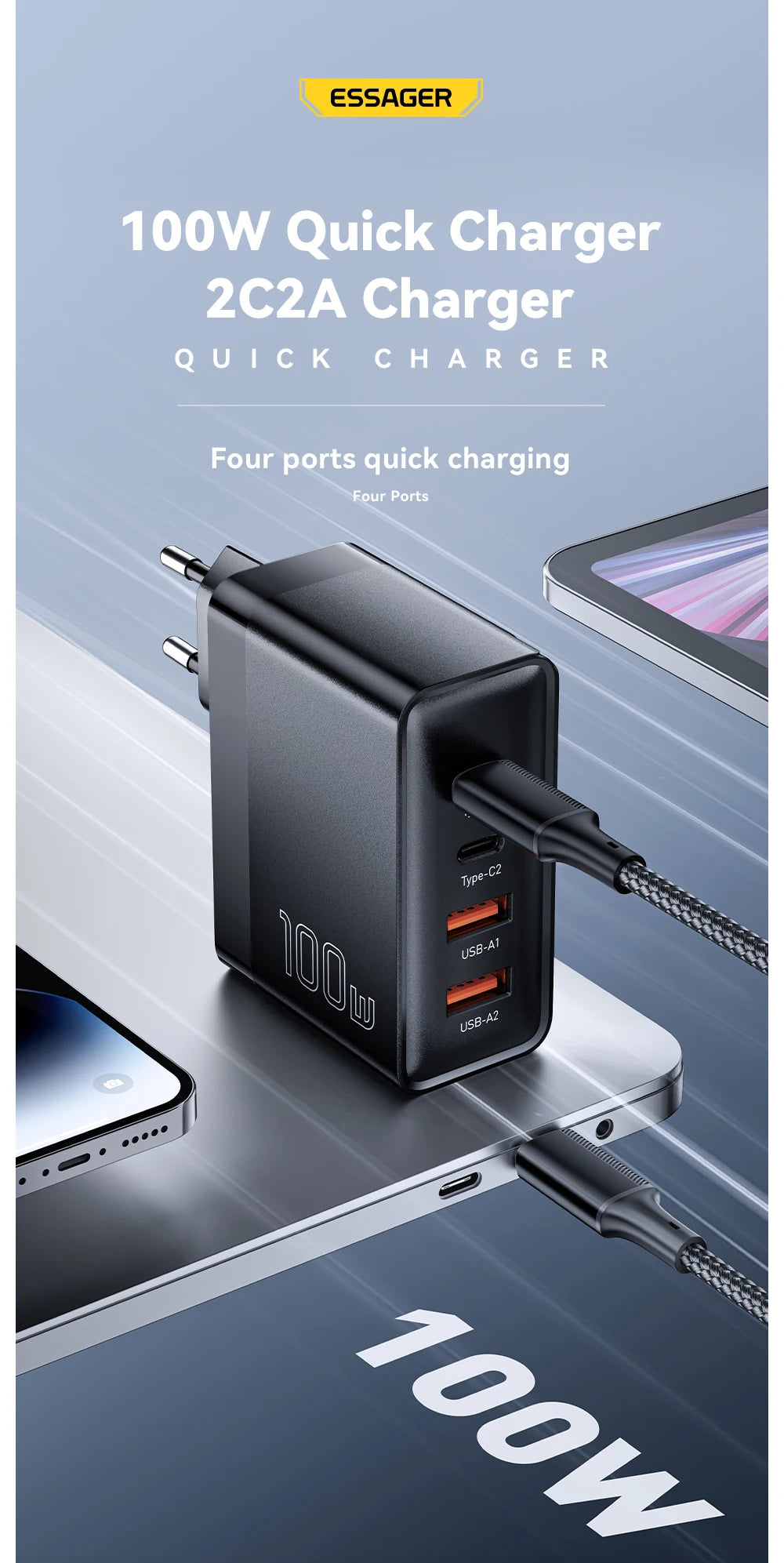 100W 4-Port USB-C Desktop Fast Charger for Laptops, iPhone, & Android