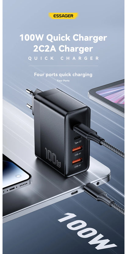 100W 4-Port USB-C Desktop Fast Charger for Laptops, iPhone, & Android