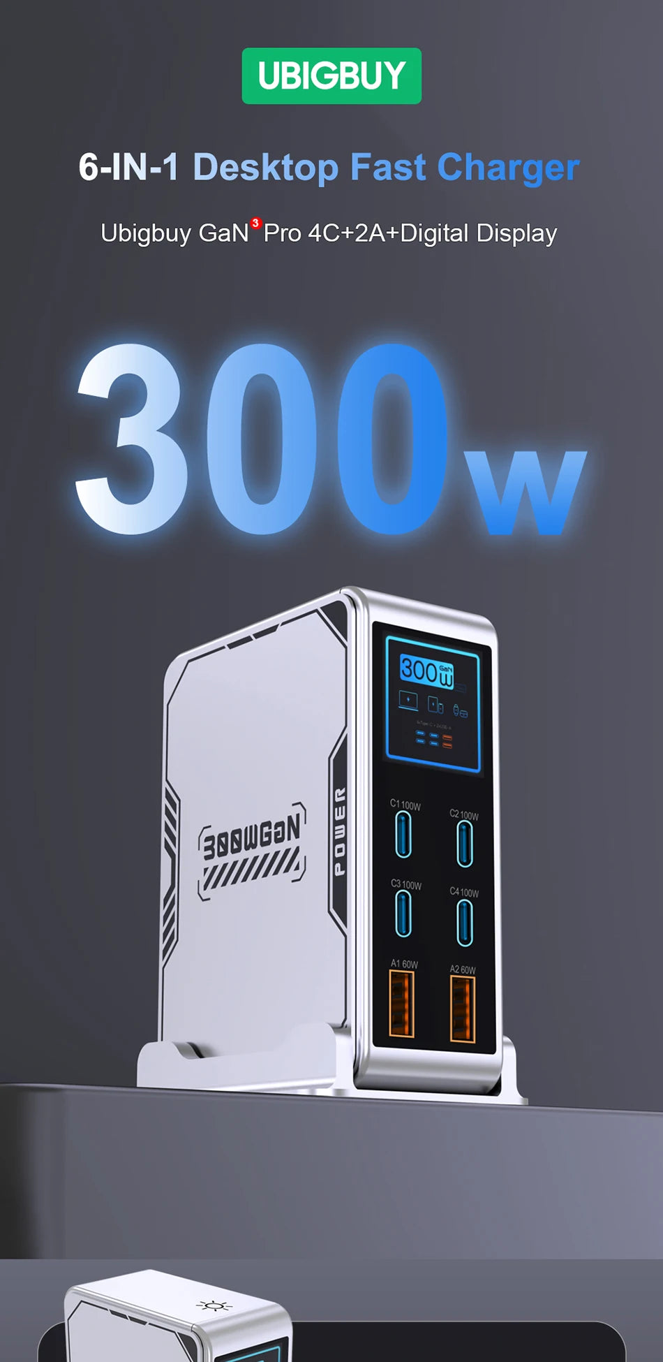 300W GaN 6-Port Fast Charging Station with Digital Display for All Devices - 7
