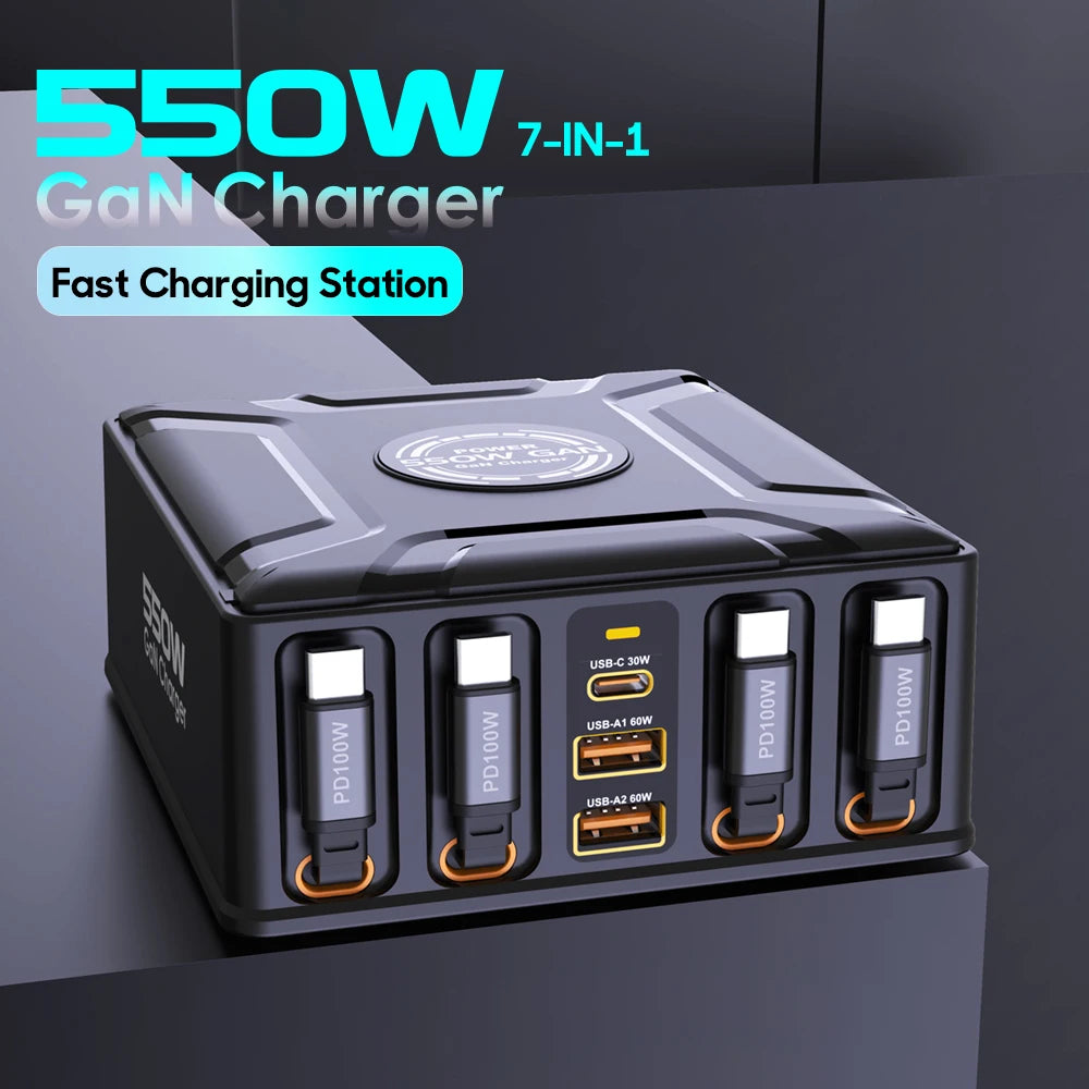 550W 7-in-1 GaN Fast Charging Station with 4 Built-in Retractable Cables - 1
