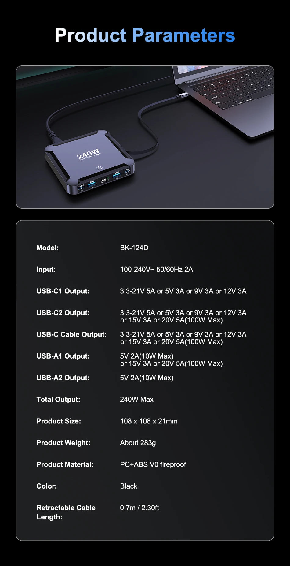 175W GaN 6-Port USB-C Desktop Fast Charger with LED Digital Display - 27