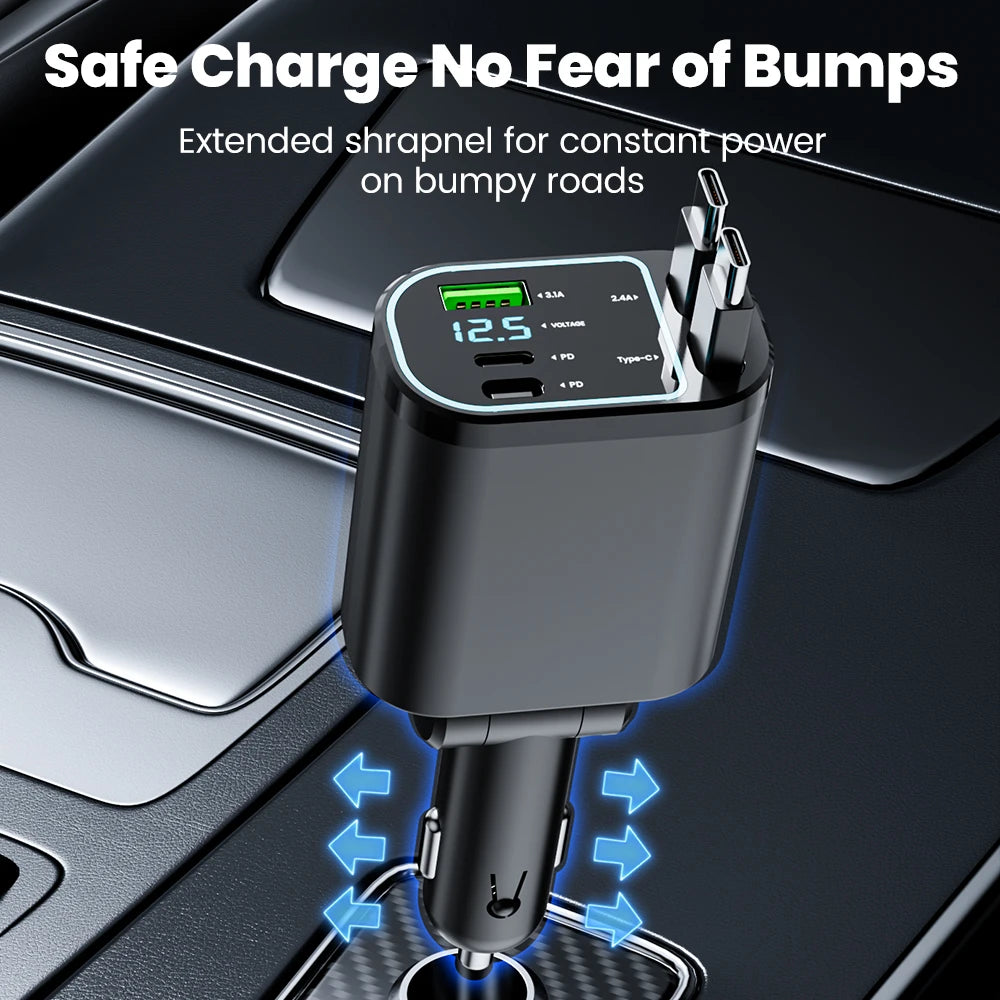 100W Retractable Fast Car Charger with USB & Type-C Digital Display - 5
