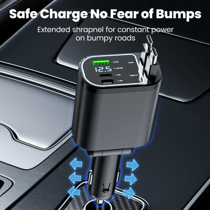 100W Retractable Fast Car Charger with USB & Type-C Digital Display