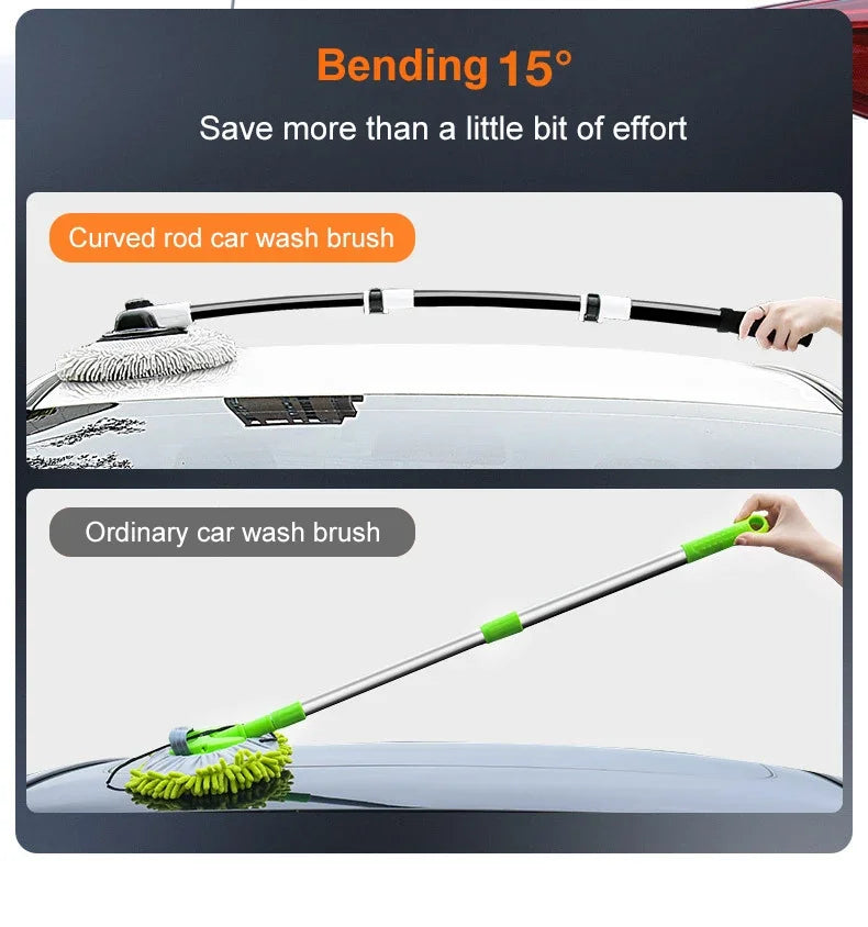 Telescopic Car Wash Mop with 15° Curved Handle & Microfiber Brush
