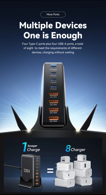 320W 8-Port GaN Desktop Charging Station - 100W PD Fast Charger for All Devices