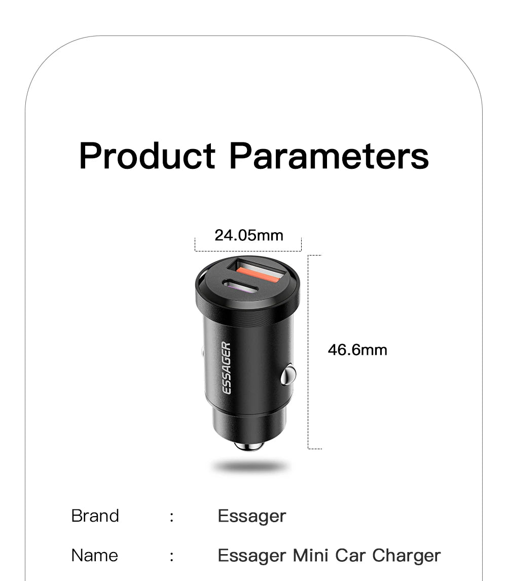 Essager 45W Fast Car Charger PD 3.0 Dual Port USB-C Adapter for Phone
