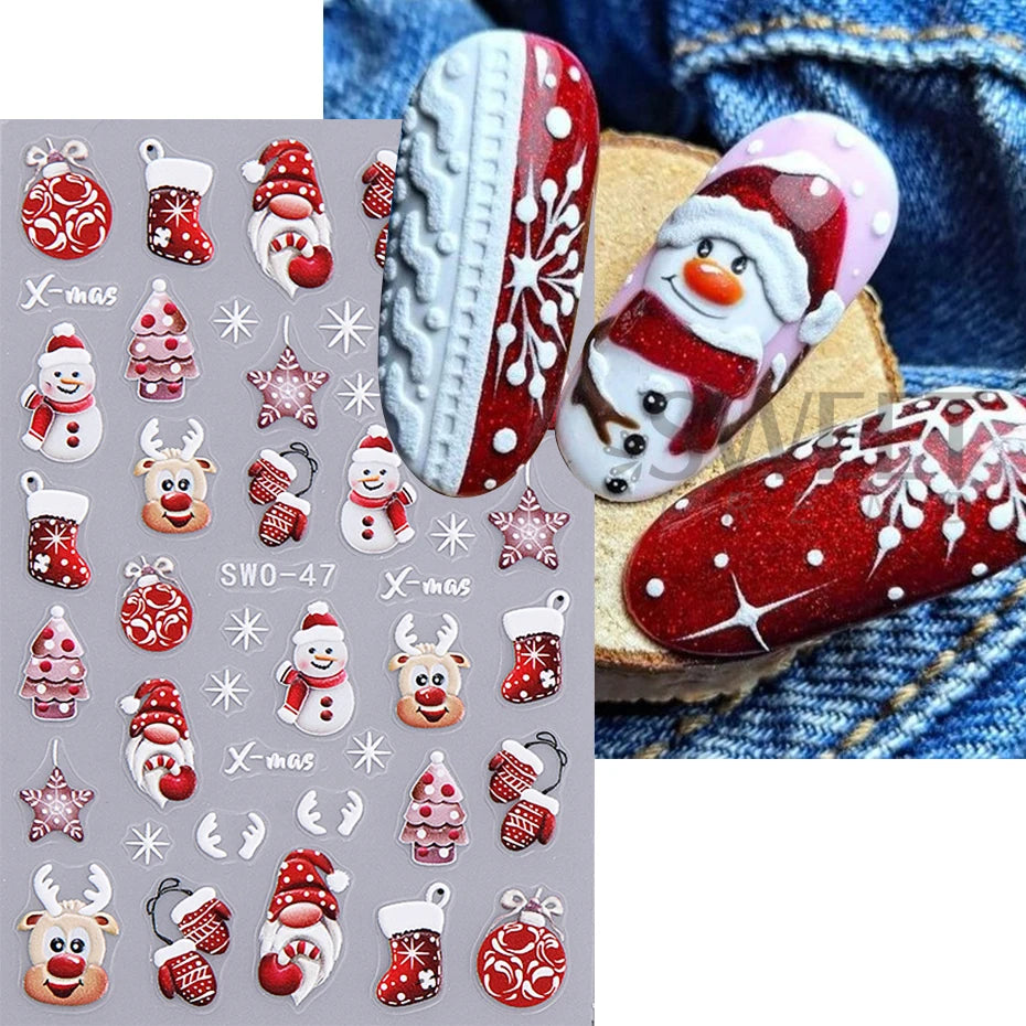 3D Christmas Nail Art Stickers - Festive Snowman & Snowflake Manicure Decals