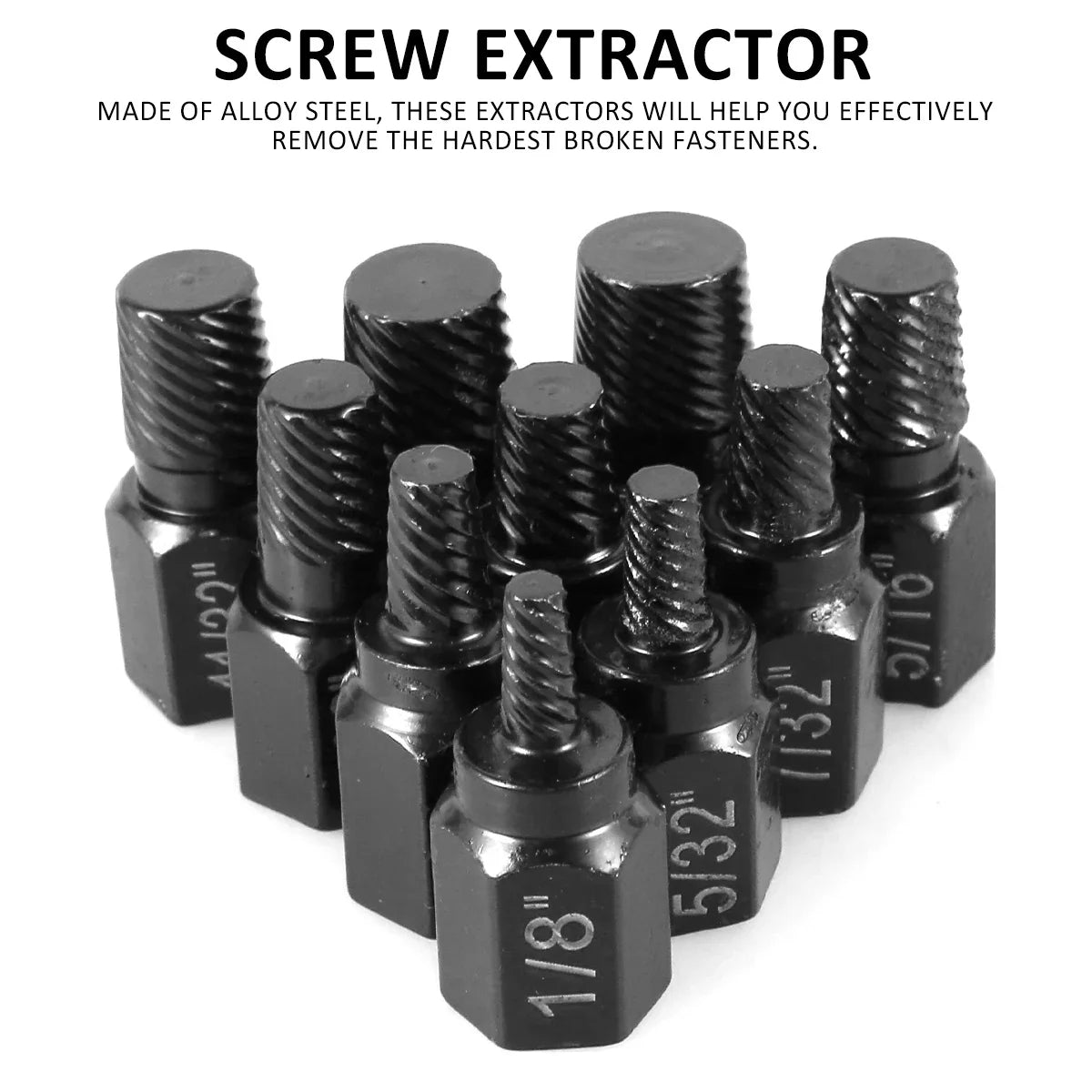 10-Piece Alloy Steel Screw Extractor Kit for Damaged Bolt & Stud Removal