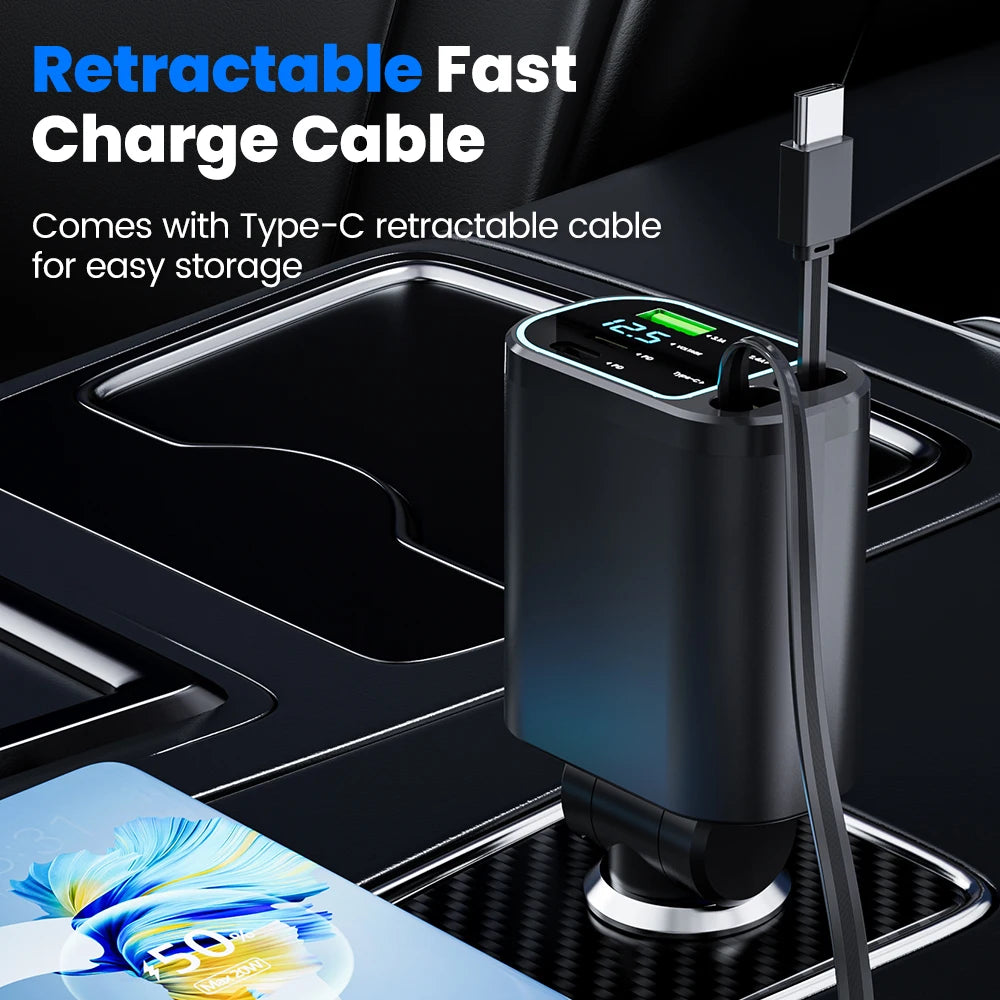 100W Retractable Fast Car Charger with USB & Type-C Digital Display