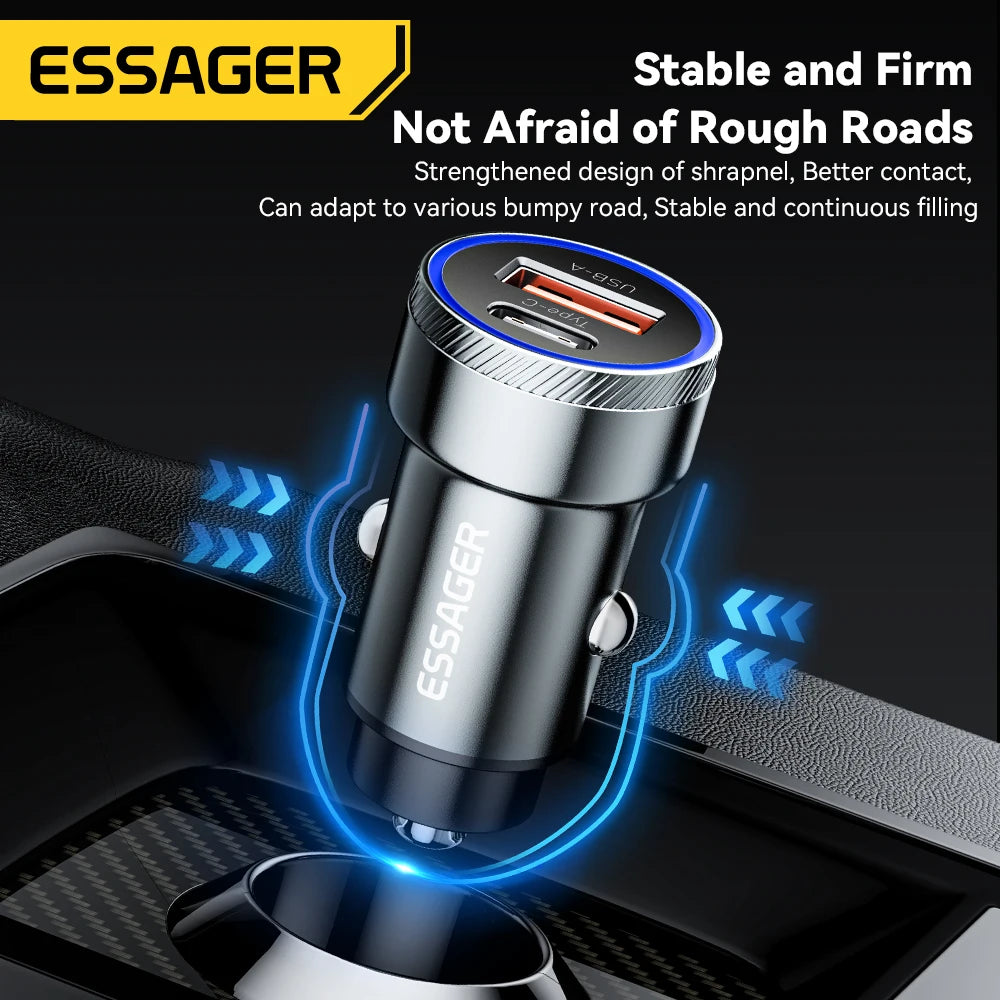 Essager 54W Dual Port Fast Car Charger - USB-C & USB-A PD/QC 3.0 Adapter