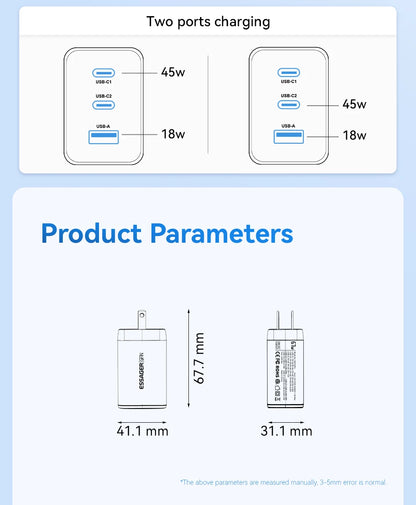 67W GaN 3-Port USB-C Fast Charger - Universal PD & QC Wall Adapter