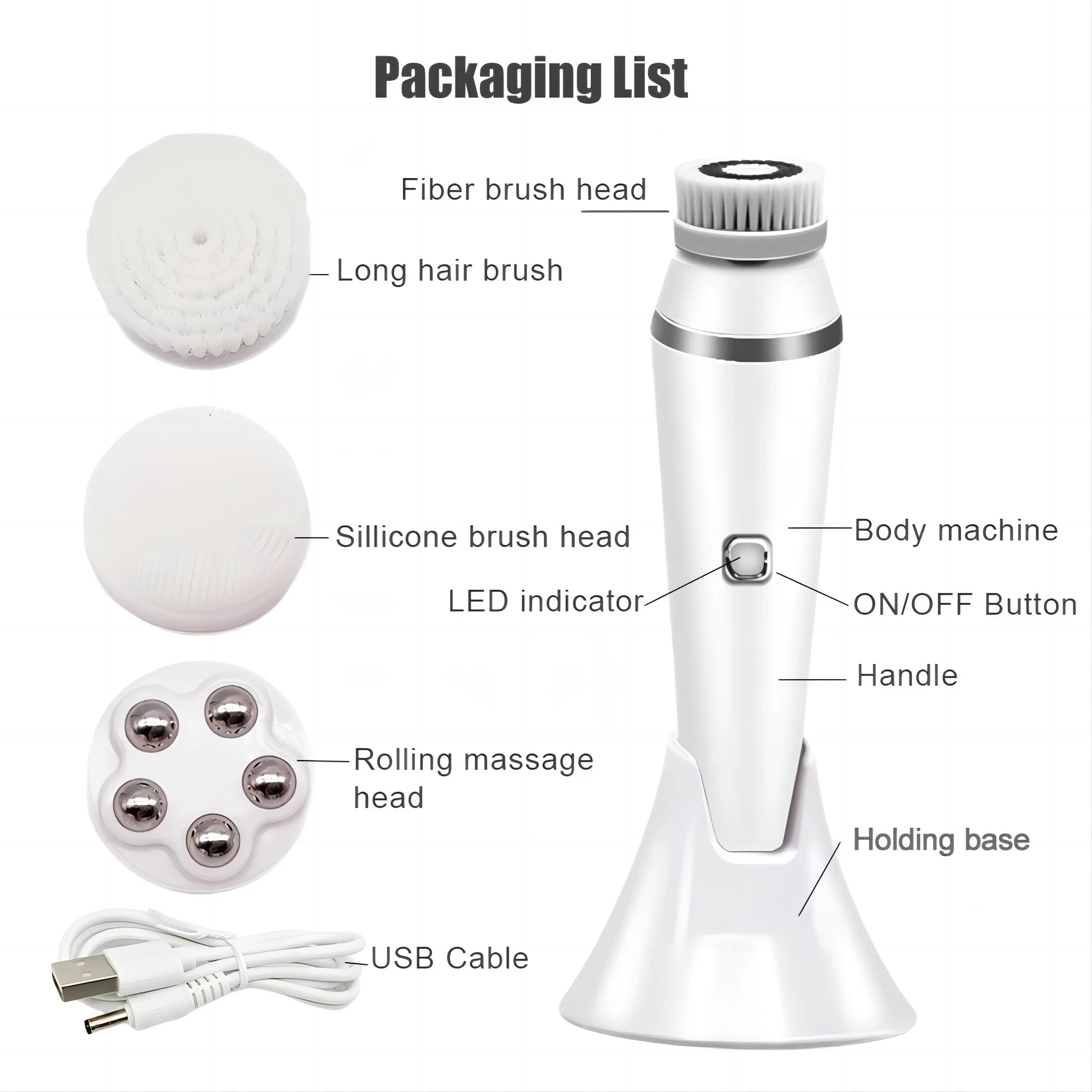4-in-1 Electric Facial Cleansing Brush - Waterproof Rechargeable Skin Spa Kit - 16