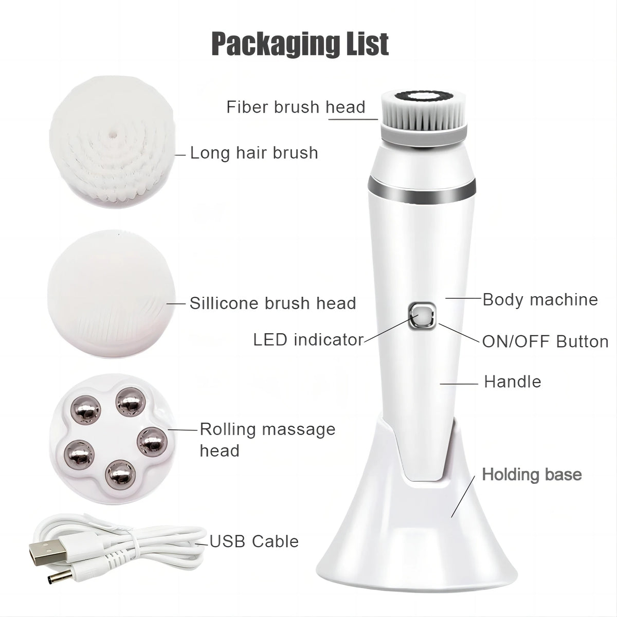 4-in-1 Electric Facial Cleansing Brush - Waterproof Rechargeable Skin Spa Kit