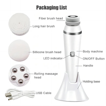 4-in-1 Electric Facial Cleansing Brush - Waterproof Rechargeable Skin Spa Kit