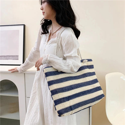Luxury Striped Straw Beach Tote