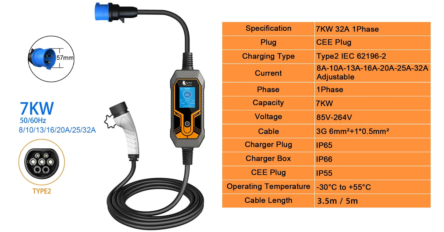 7KW Portable EV Charger Type 2 - Adjustable 32A Electric Vehicle Charging Box